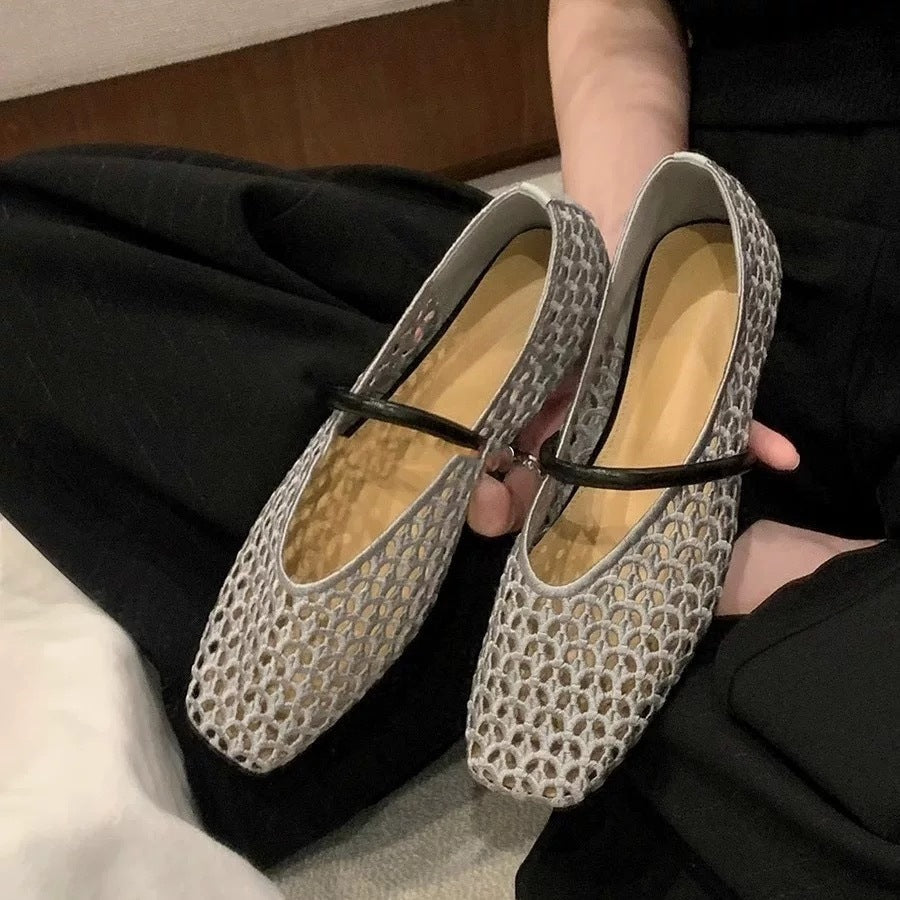 Woven Square Toe Slip-On Pumps Retro Roman Low Heel Shoes