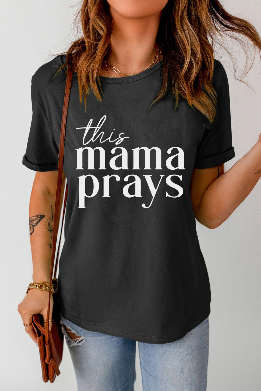 This Mama Prays Graphic Tee | Black & White Women's Casual Shirt