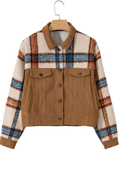 Plaid Corduroy Button Up Jacket with Flap Pockets