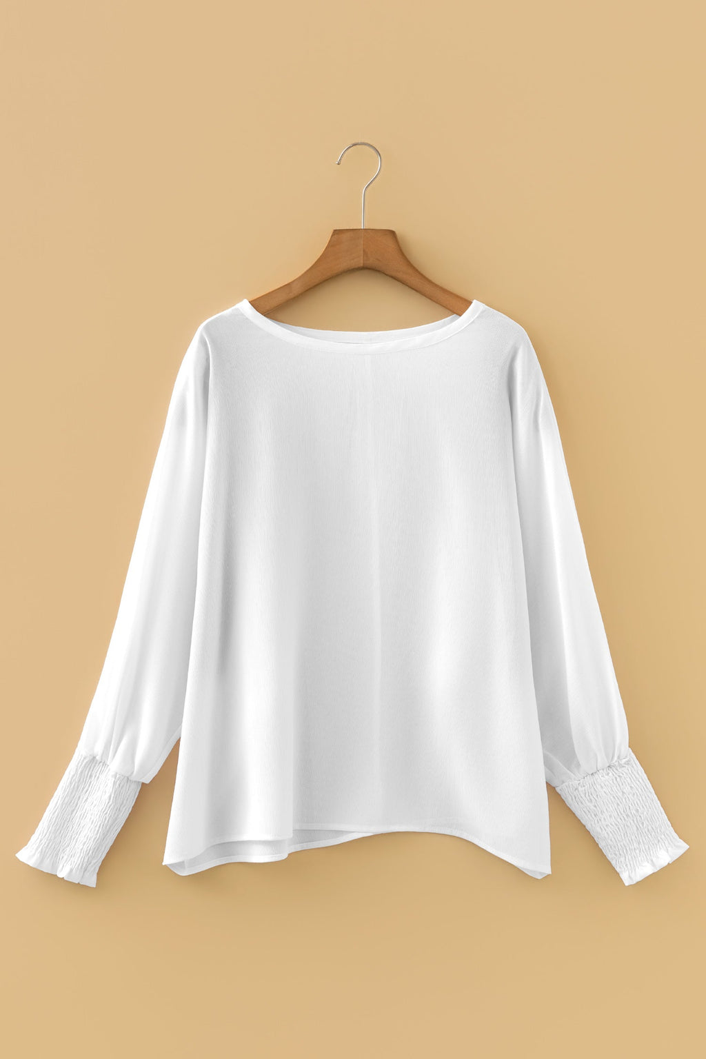 White Semi Sheer Long Sleeve Dolman Blouse with Smocked Cuffs