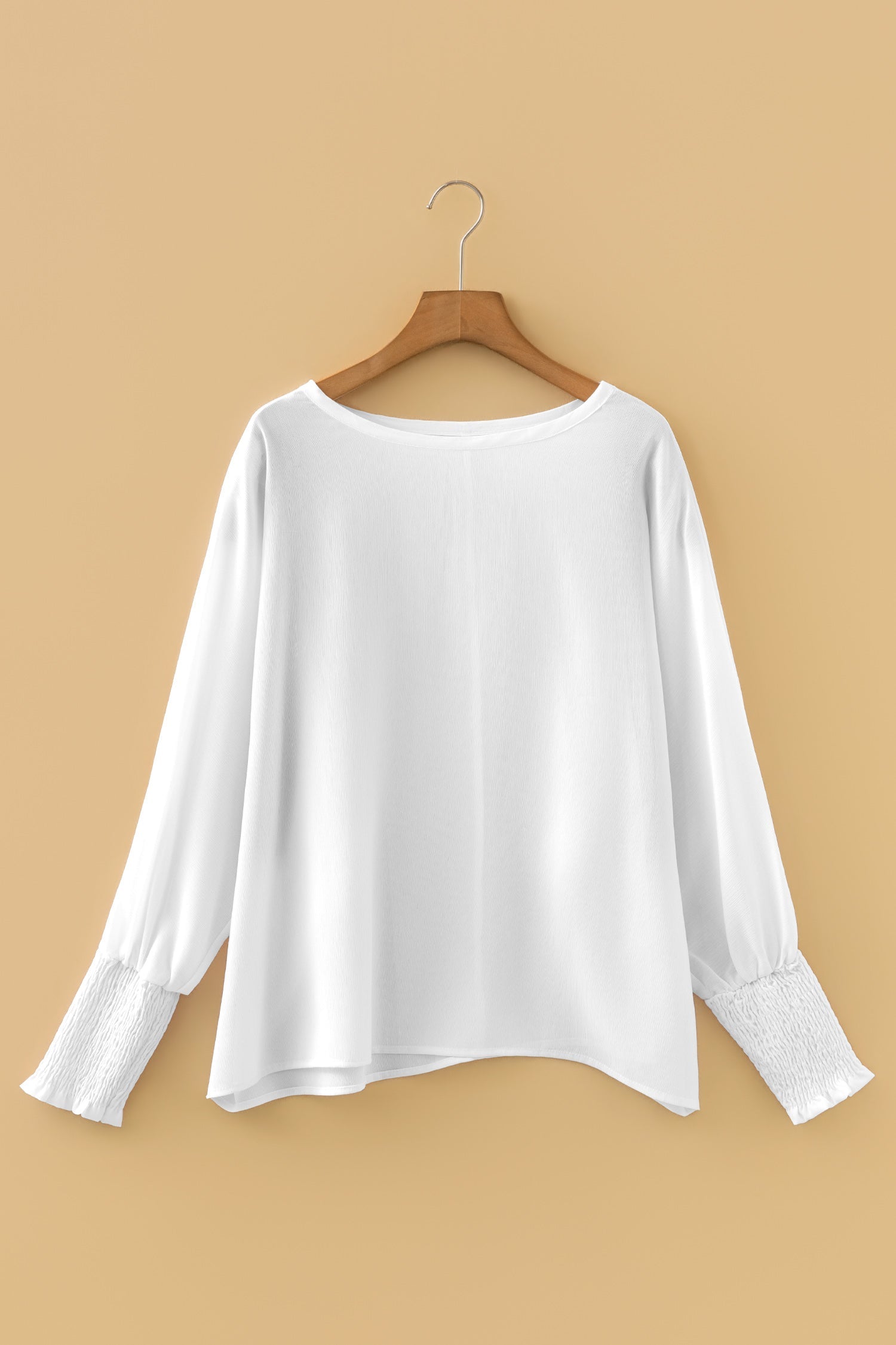White Semi Sheer Long Sleeve Dolman Blouse with Smocked Cuffs