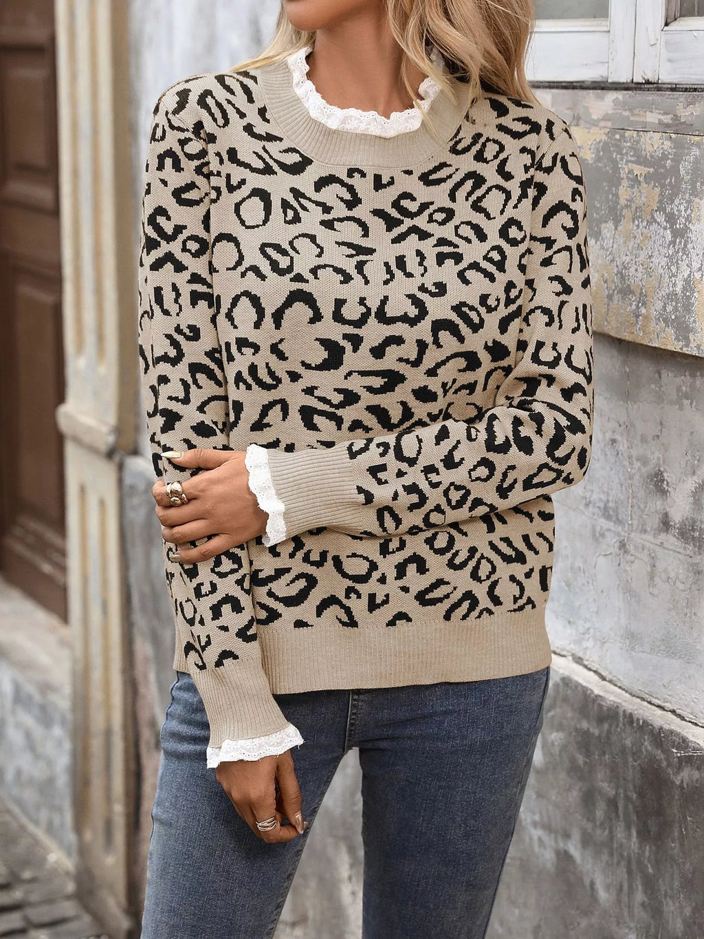 Frill Leopard Long Sleeve Sweater