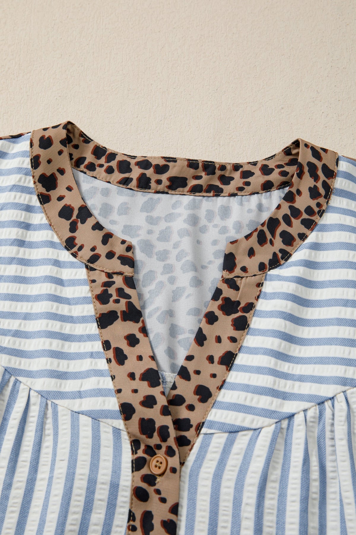 Stripe Leopard Trim V-Neck Buttoned Short Sleeve Shirt