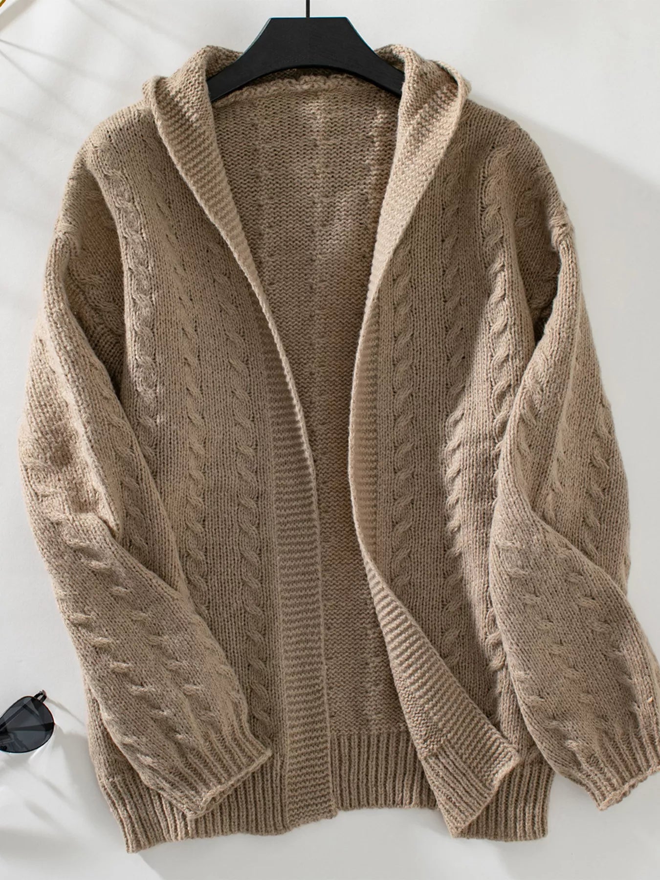 Women's Beige Cable Knit Open Front Hooded Cardigan Sweater