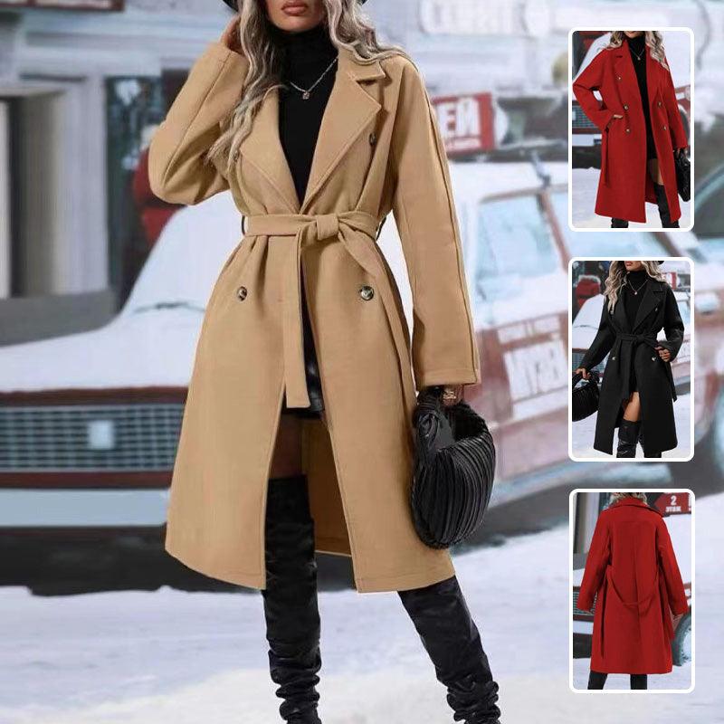 Women wearing a classic double-breasted trench coat with a belt in beige
