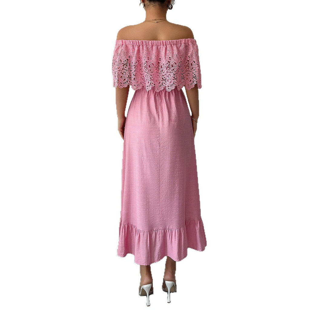 Elegant Off-Shoulder A-Line Dress in Solid Woven Fabric