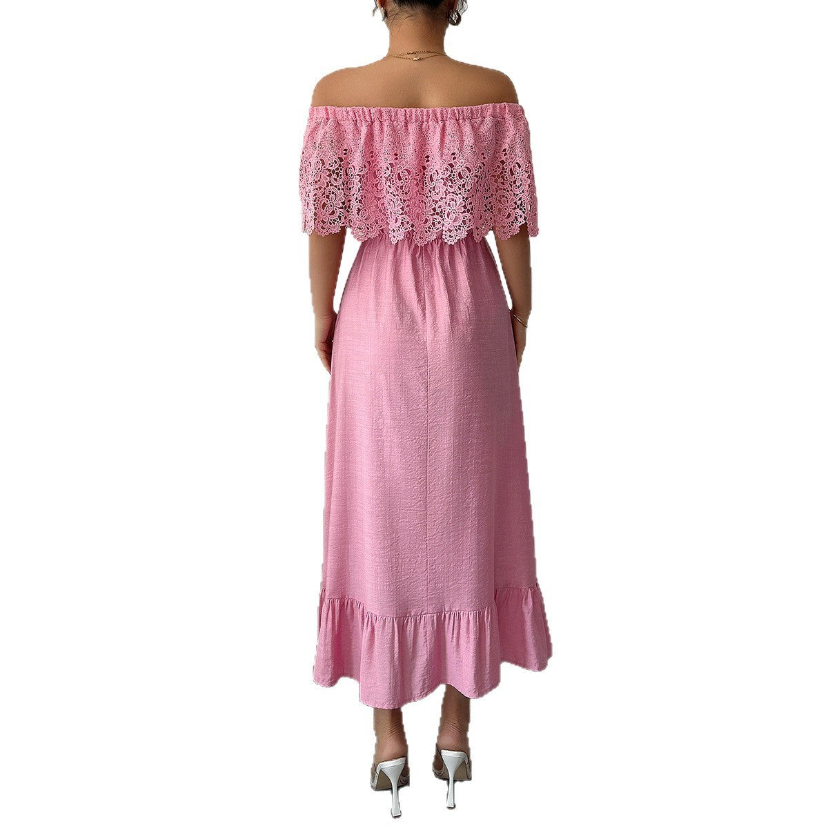 Elegant Off-Shoulder A-Line Dress in Solid Woven Fabric