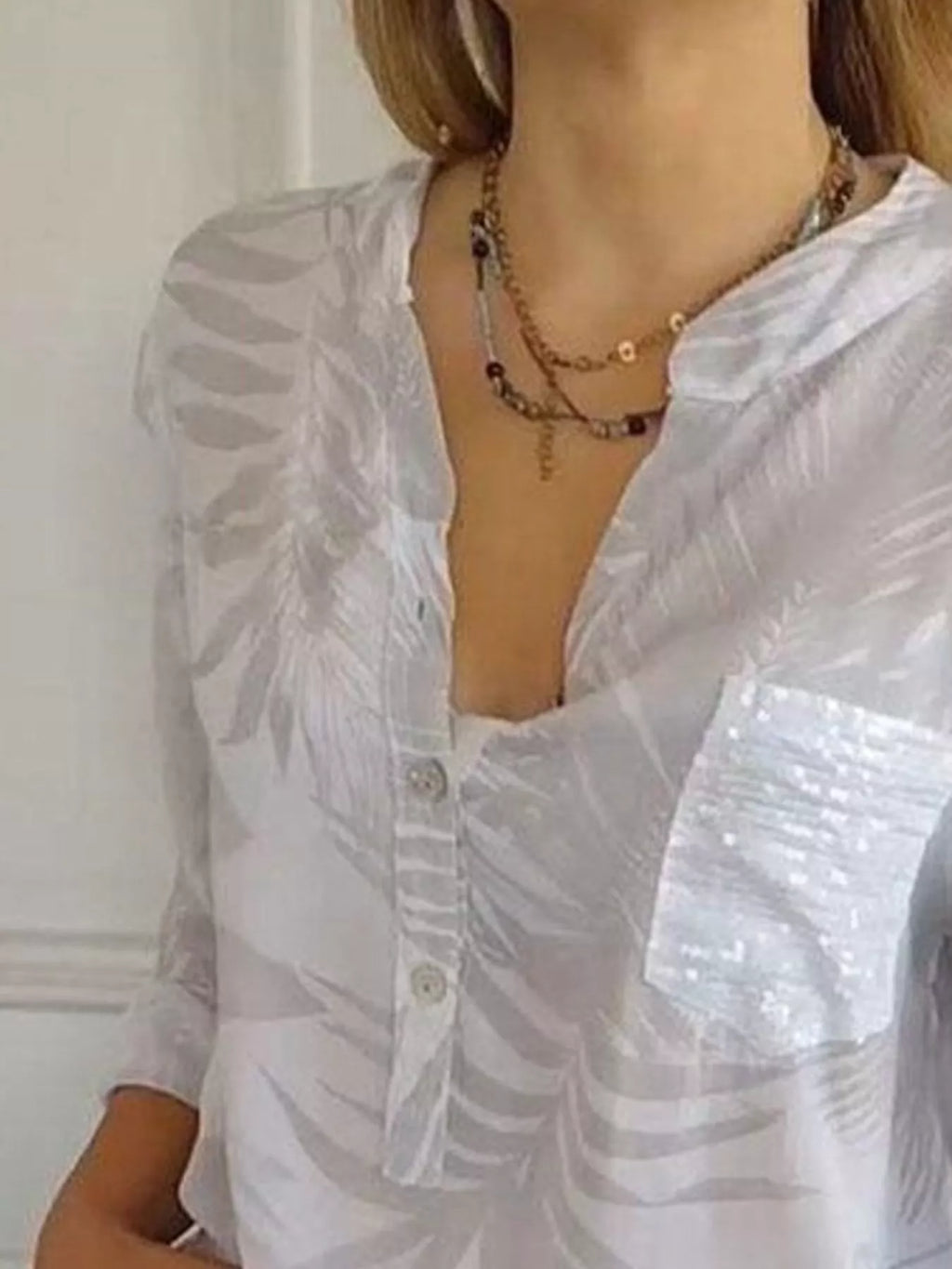 Full Size Printed Button Detail Long Sleeve Blouse Plus Size