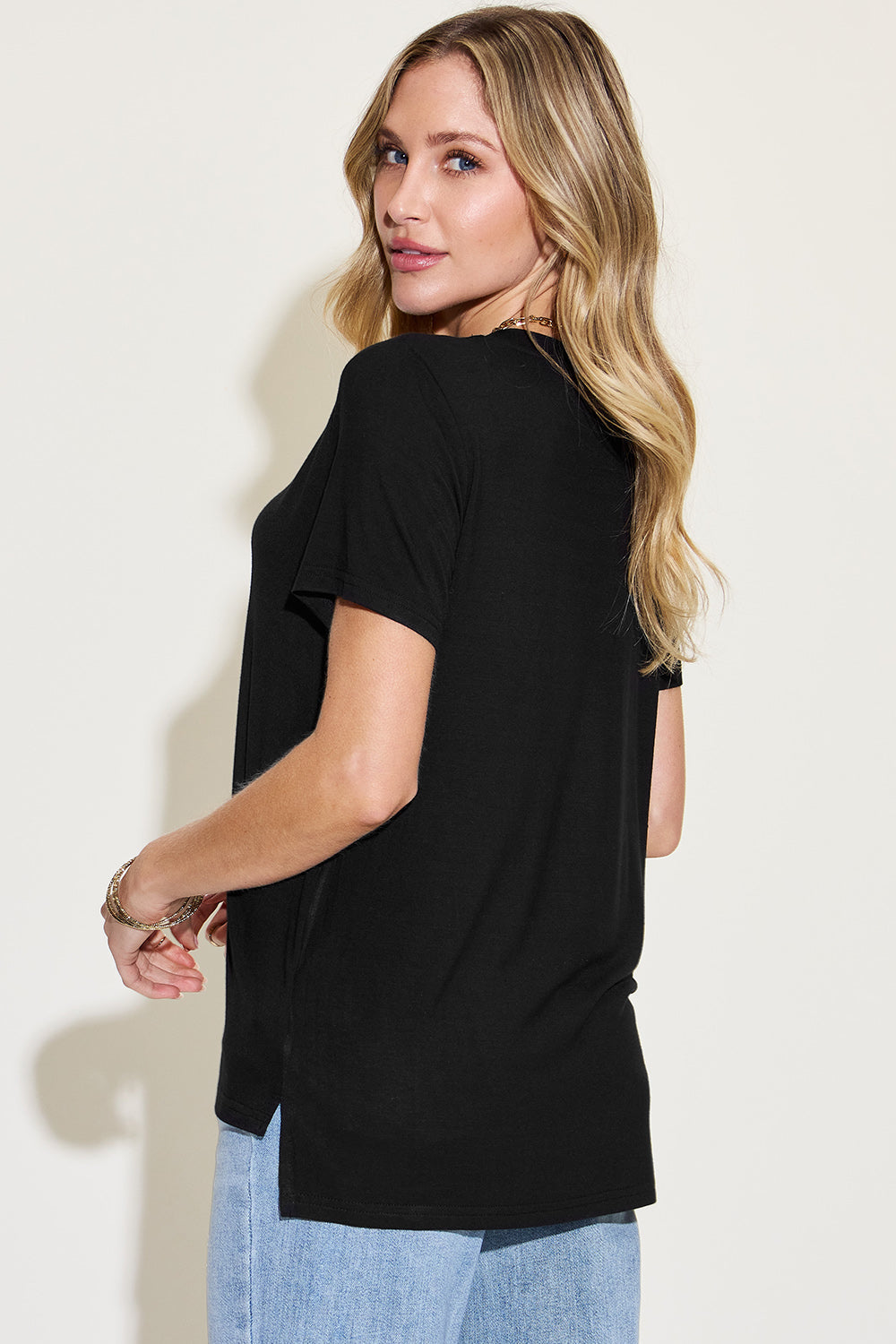 Women's Soft Black V-Neck T-Shirt with Modern Hi-Lo Hem - Image 2