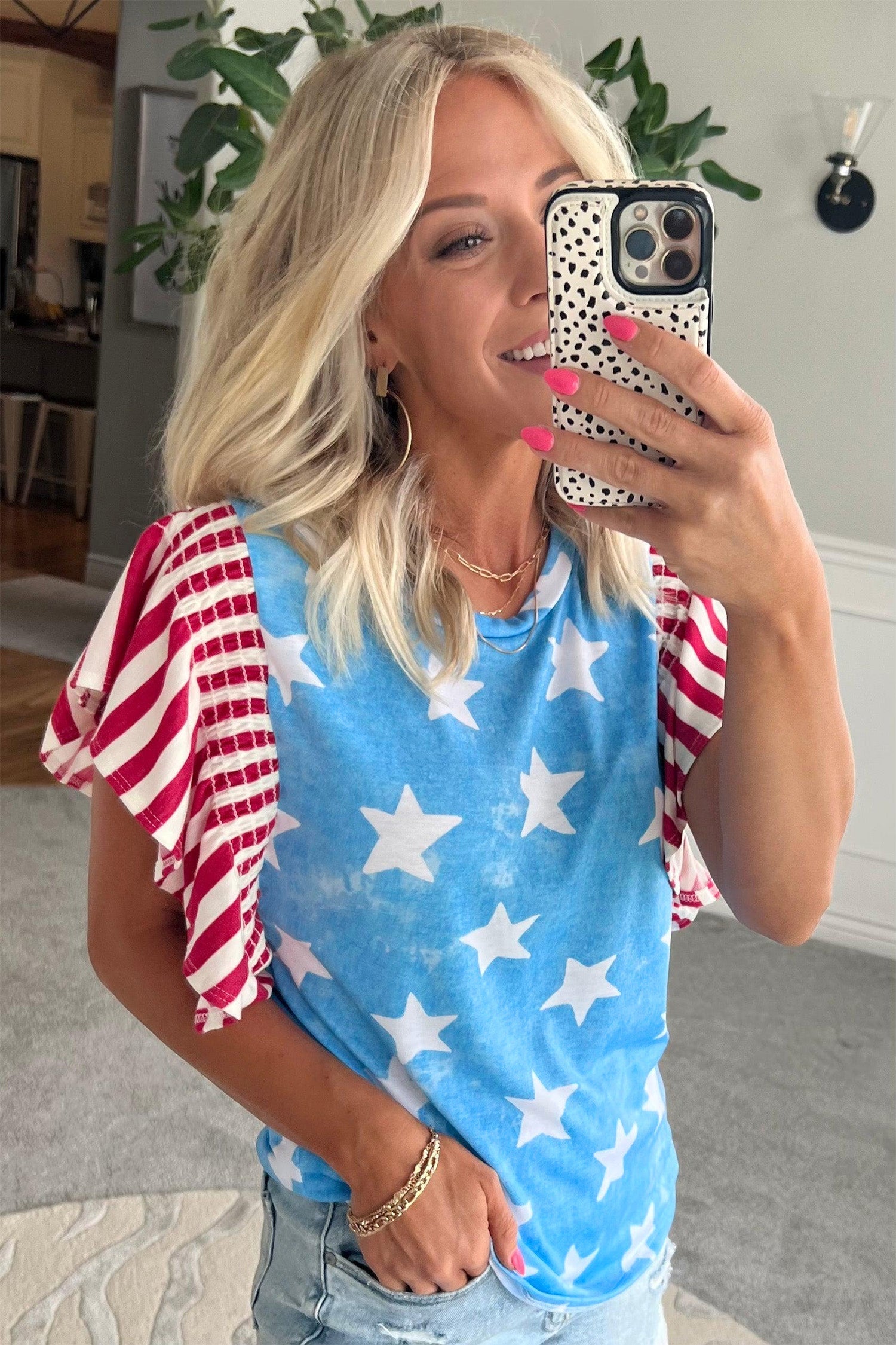 Sky Blue Star Print Striped Ruffle Sleeve Independence Day Top