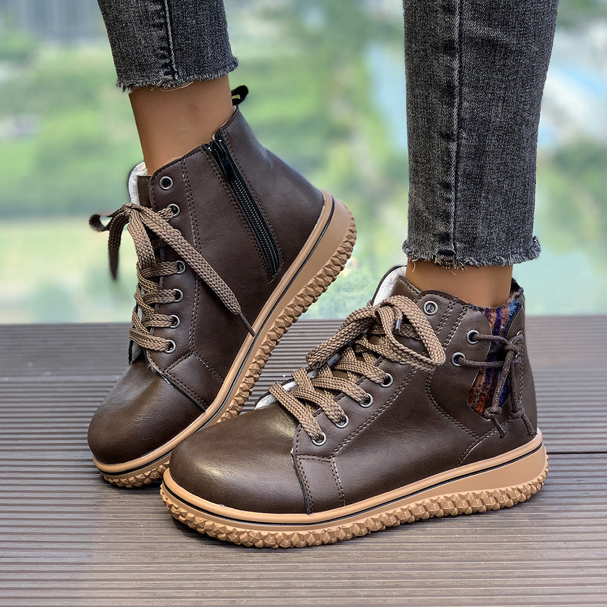 Women’s Flat Heel Lace-Up Martin Boots with Side Zipper - Image 4