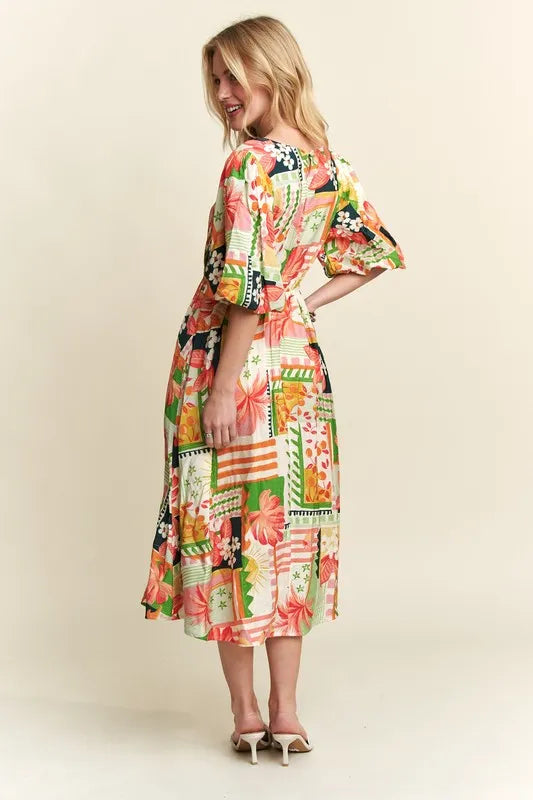 Floral V-Neck Puff Sleeve Midi Dress - Cream, Orange, Green, Pink