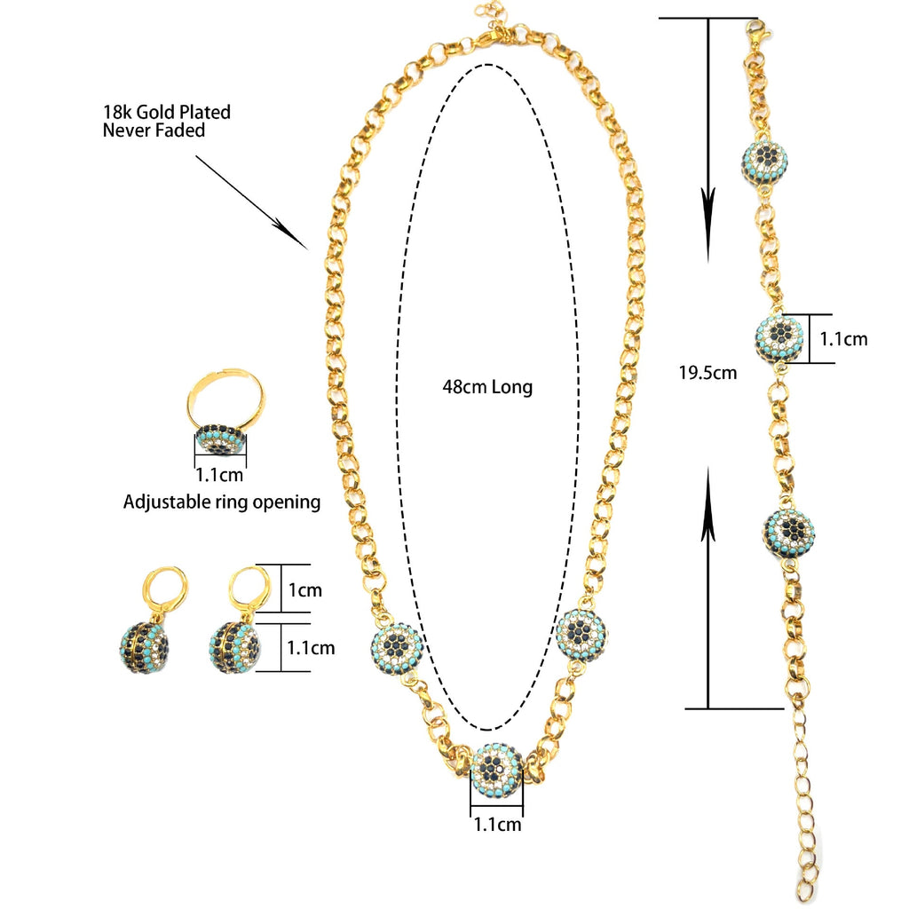 Bohemian Evil Eye Jewelry Set with Gold-Tone Necklace and Bracelet