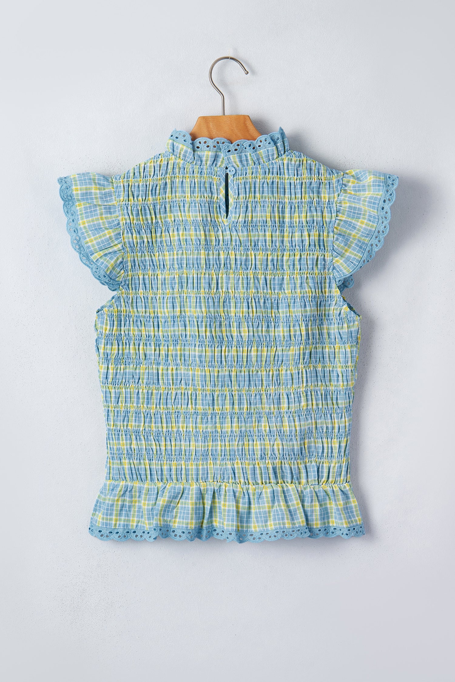 Nia Lace Trim Tank Top with Smocked Neckline and Plaid Print