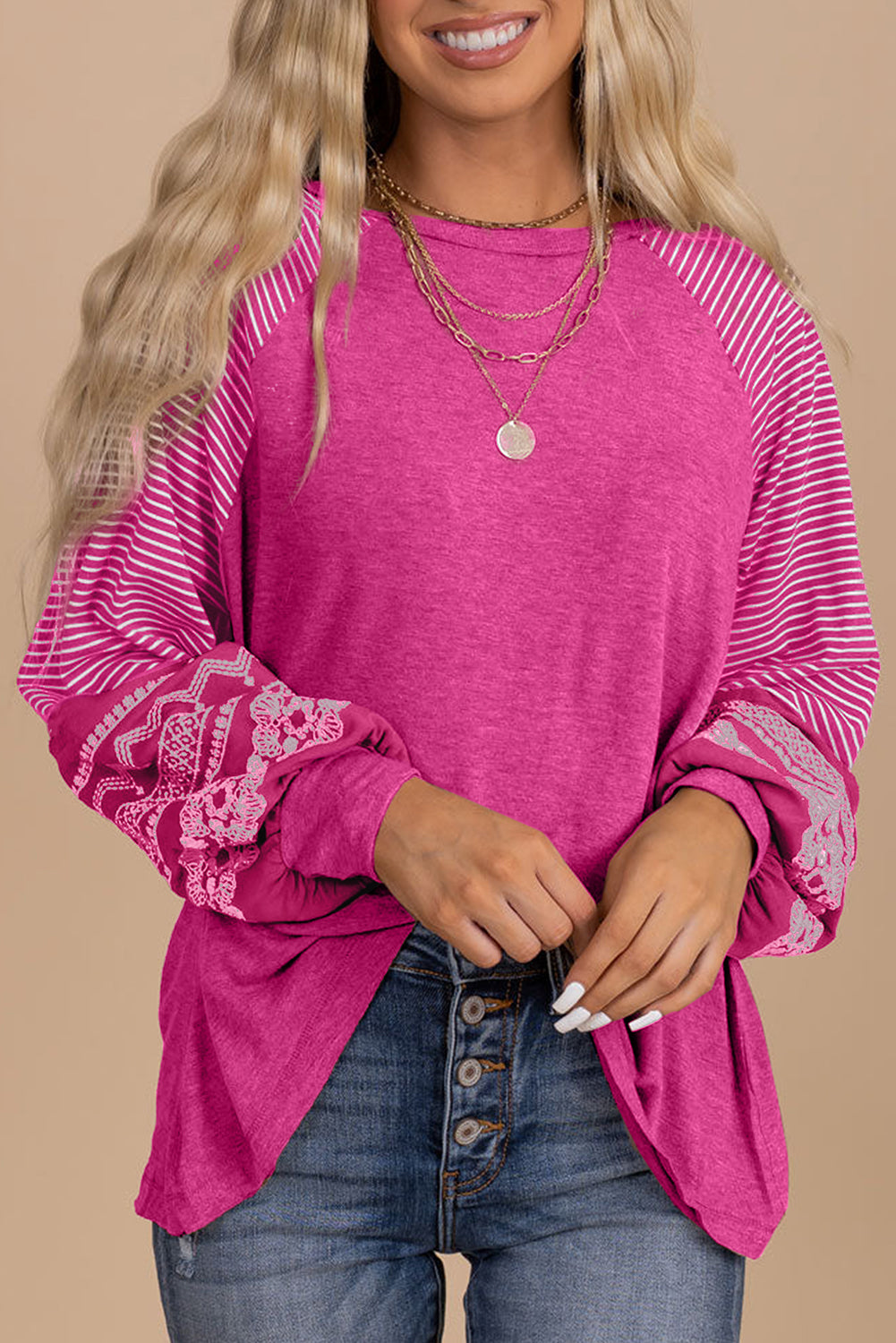 Tillandsia Purple Contrast Print Striped Raglan Long Sleeve Loose Top