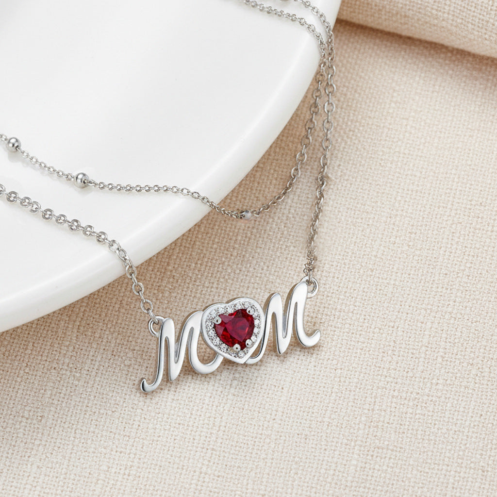 Moms Loving Heart Red Diamond Double-Layer Layered Necklace For Women