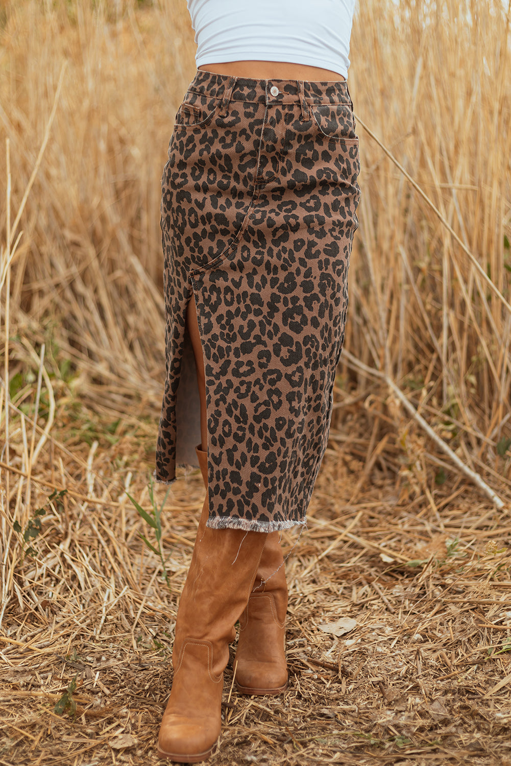 Leopard Denim Frayed Hem Midi Skirt