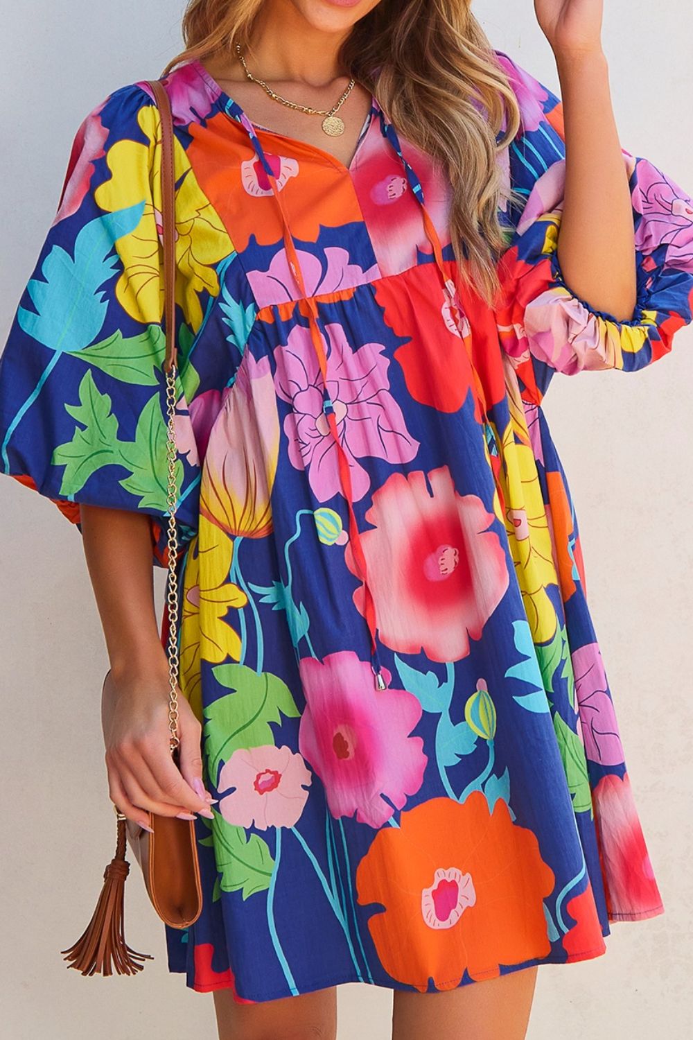Floral Print Tie-Neck Dress - Elegant Lightweight Midi Dress