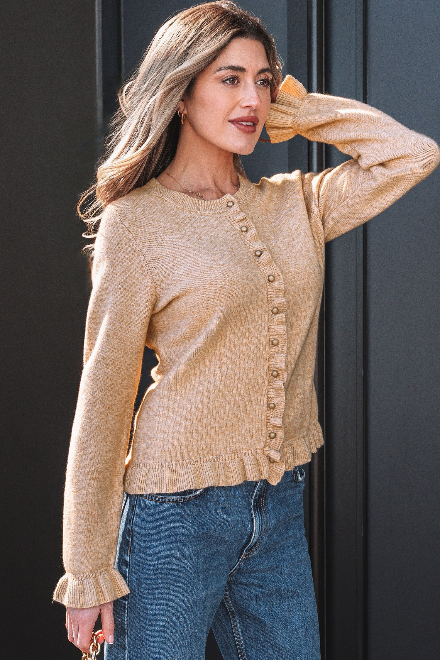 Yamileth Oatmeal Ruffle Trim Gold Button Cardigan