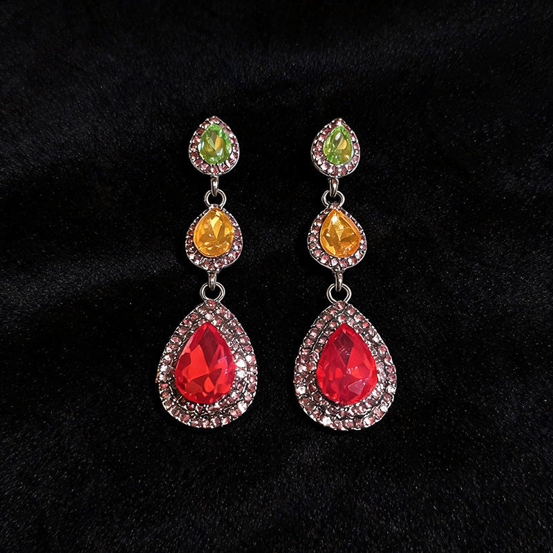 Water Drop Rhinestone Tassel Pendant Stud Earrings For Women,Palace Style Heavy Craft Exaggerated Fashion Jewelry