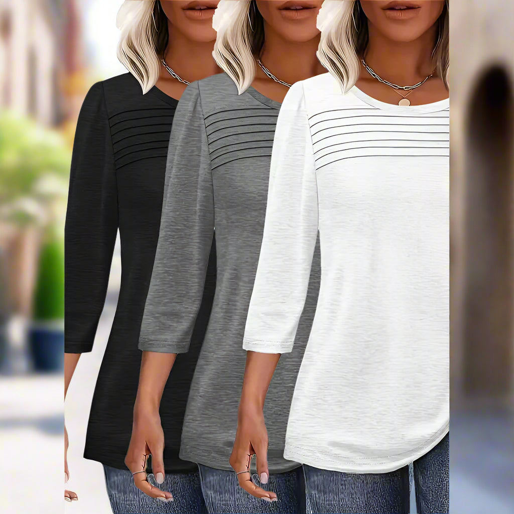 Women's 3-Pack 3/4 Sleeve Pleated Round Neck Tunic Tops