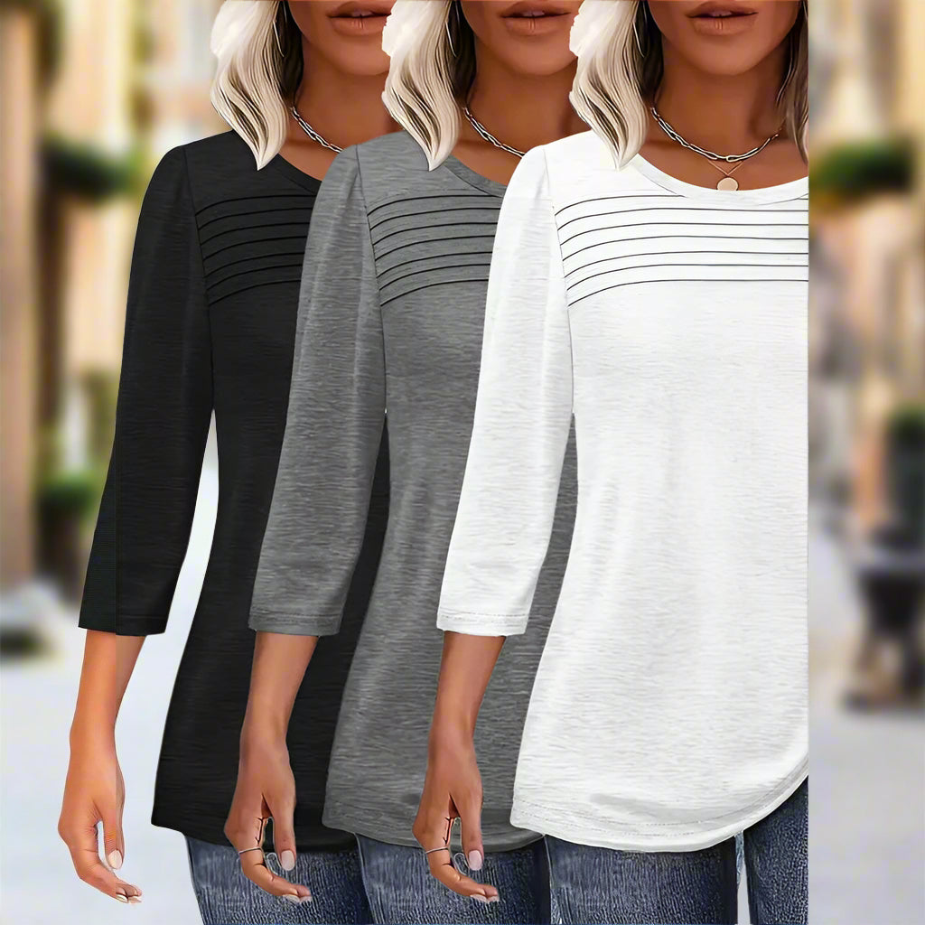 Women's 3-Pack 3/4 Sleeve Pleated Round Neck Tunic Tops