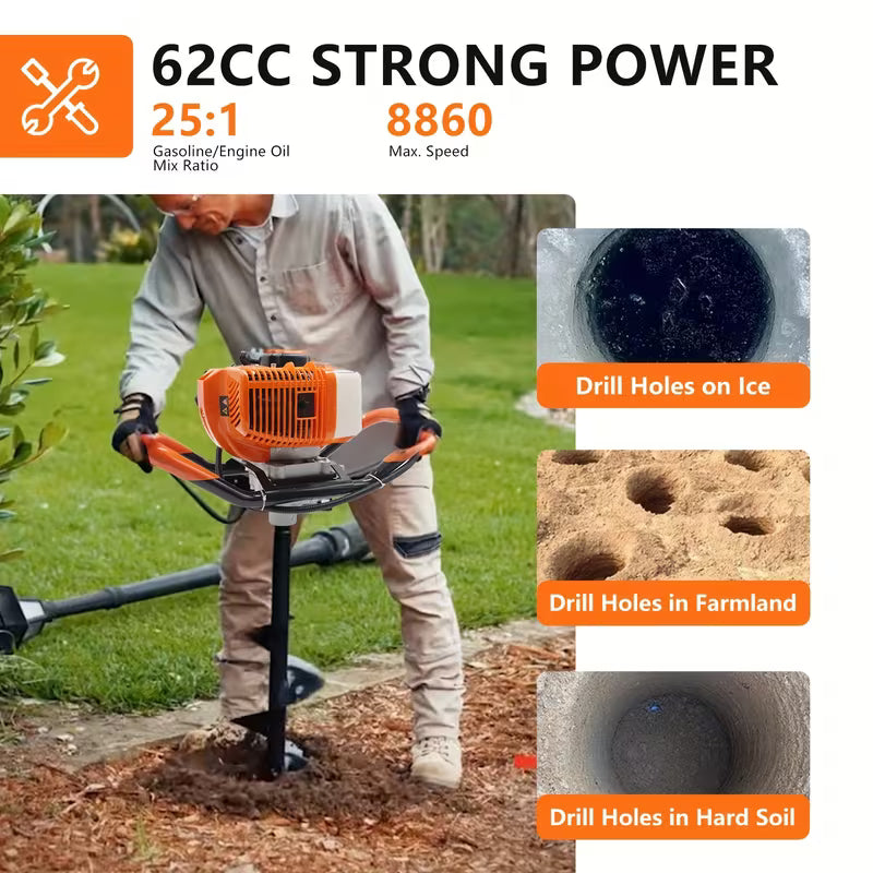 62cc Gas Powered Post Hole Digger with 2 Bits