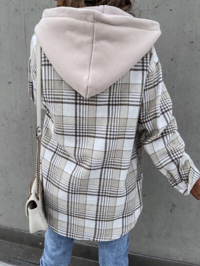 Camel Plaid Button Up Jacket with Removable Hood