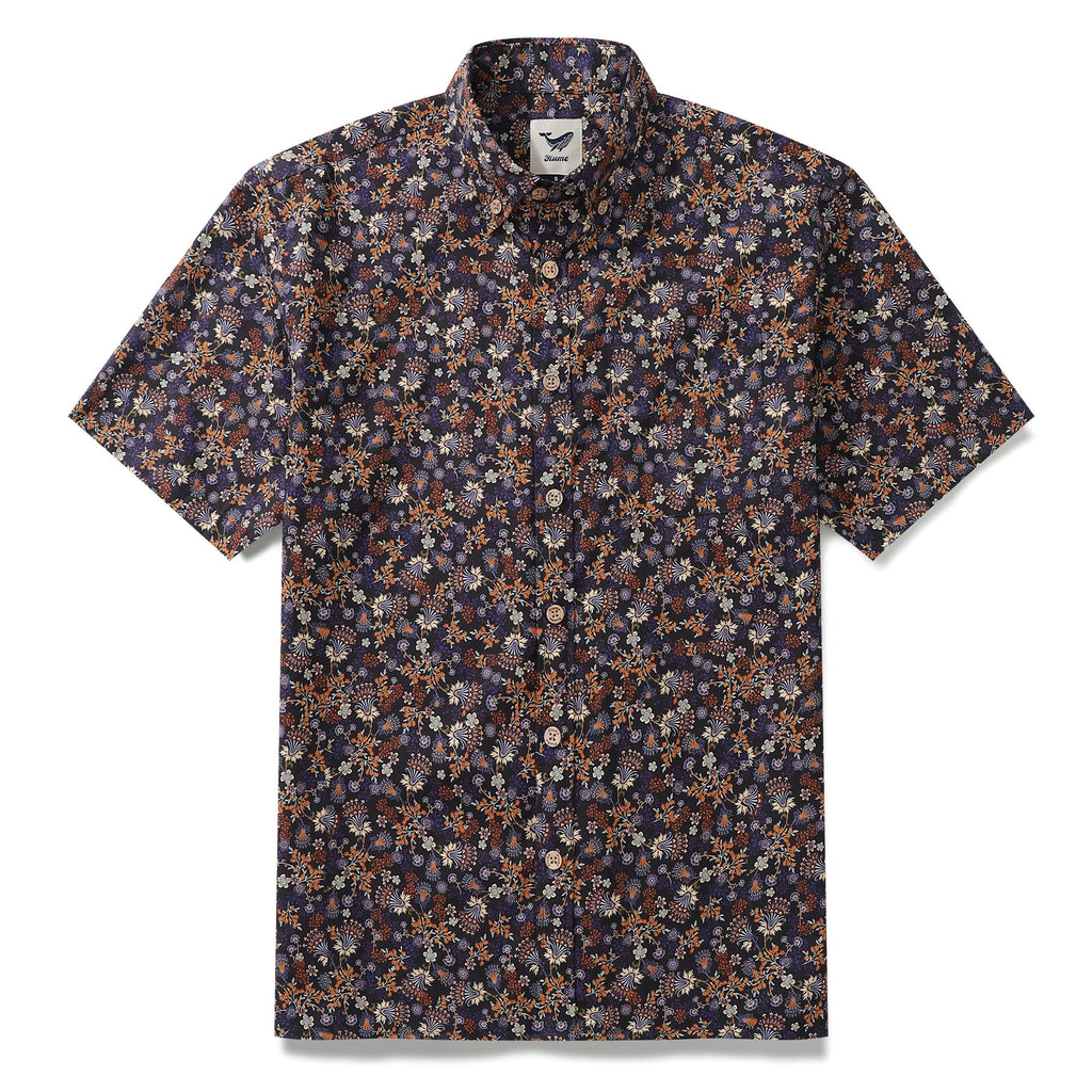 Men's black short sleeve button-down shirt with vibrant orange, purple, and blue floral print.