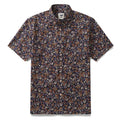 Men's black short sleeve button-down shirt with vibrant orange, purple, and blue floral print.