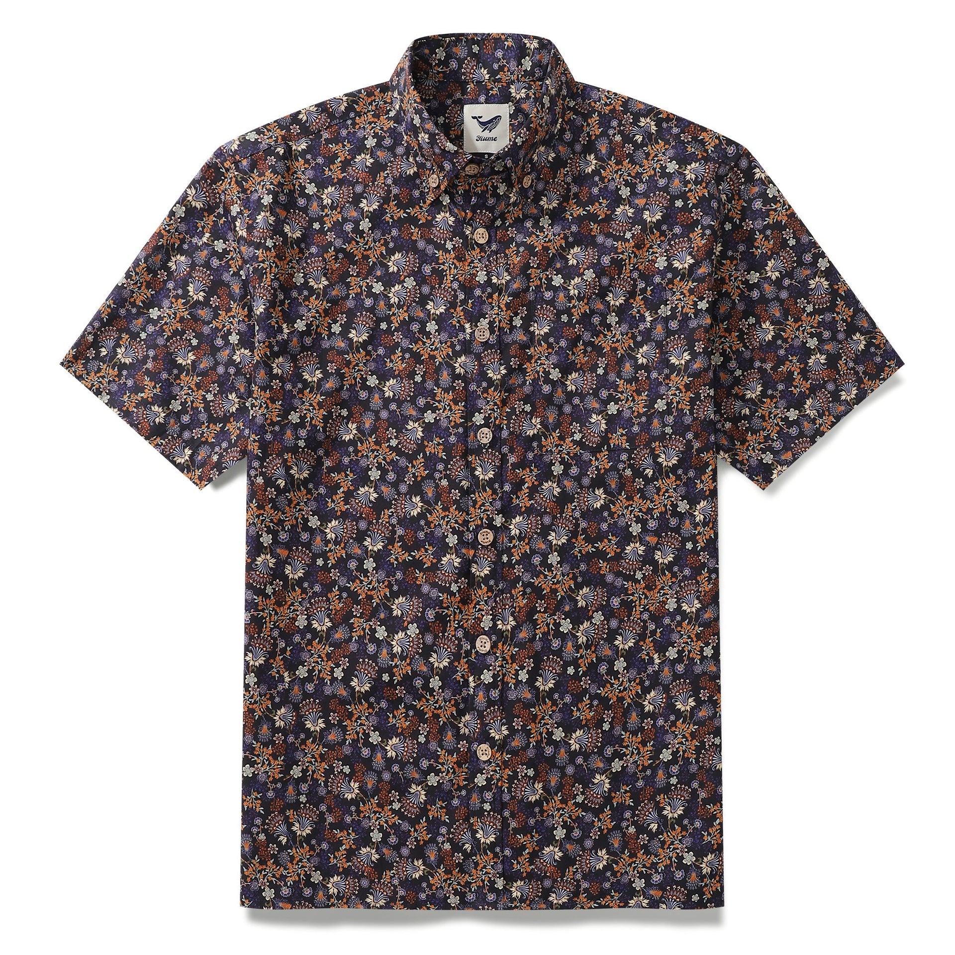 Men's black short sleeve button-down shirt with vibrant orange, purple, and blue floral print.