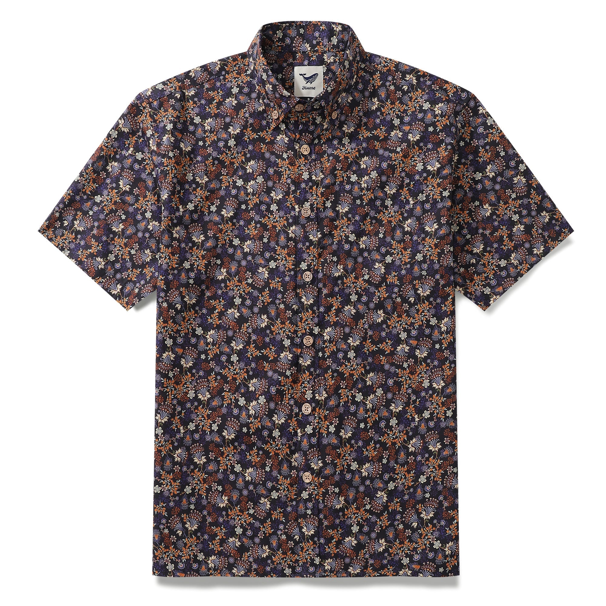 Men's black short sleeve button-down shirt with vibrant orange, purple, and blue floral print.