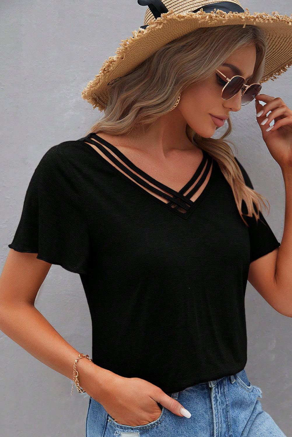 Black Crisscross V-Neck Butterfly Sleeve T-Shirt