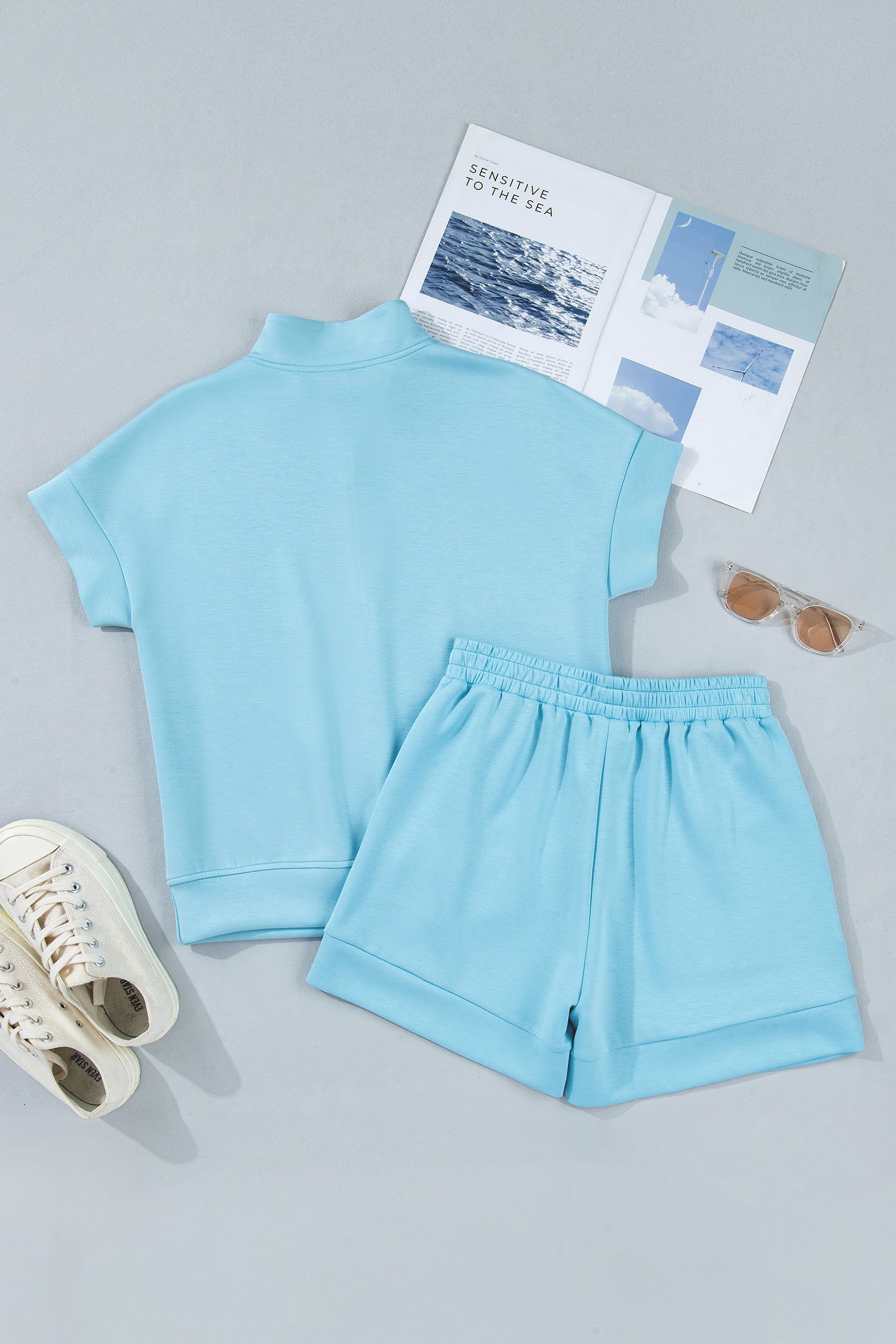 Women's Solid Half Zip Tee & Shorts Athleisure Set - Light Blue