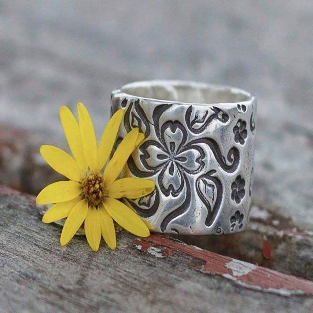 Antique Silver Floral Statement Ring - Ornate Hand Jewelry