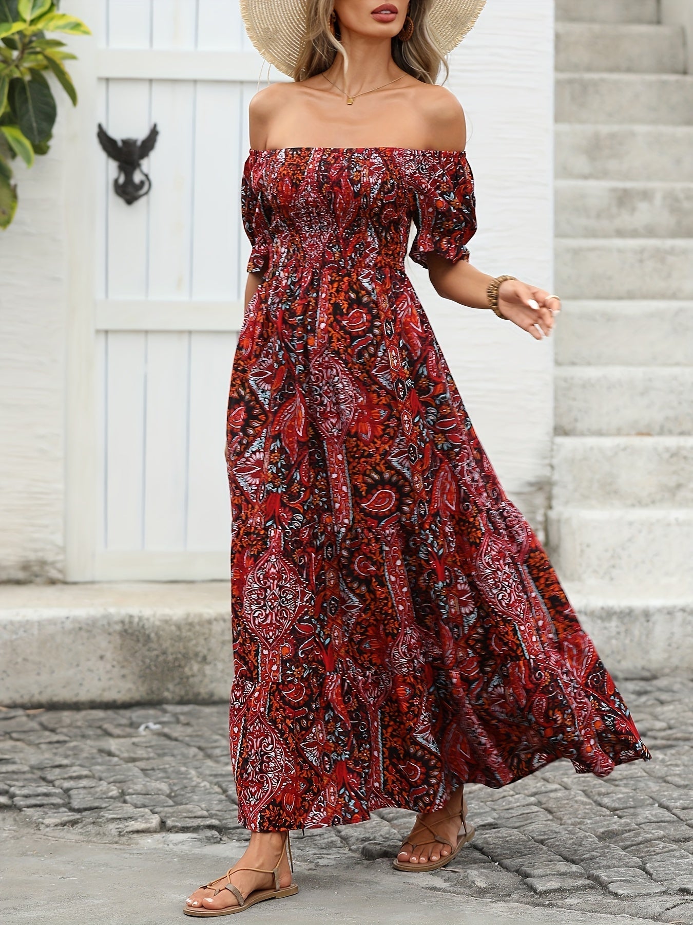 Women’s Paisley Off-Shoulder Smocked Maxi Dress - Image 4