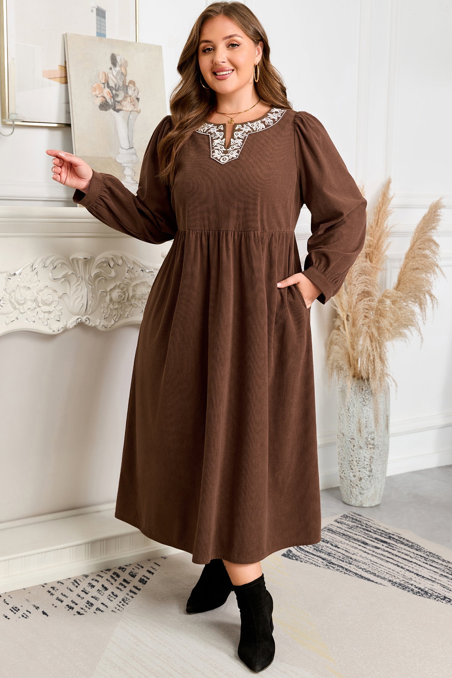 Coffee Embroidered Notched Neckline Pleated Midi Dress