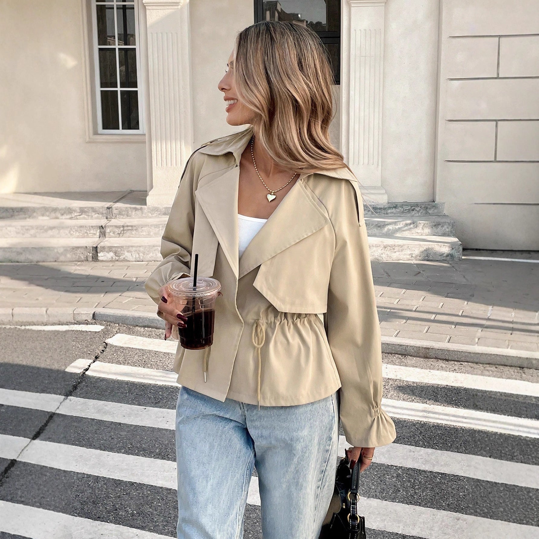 Women's Khaki Drawstring Waist Utility Coat Lightweight Jacket - Image 3