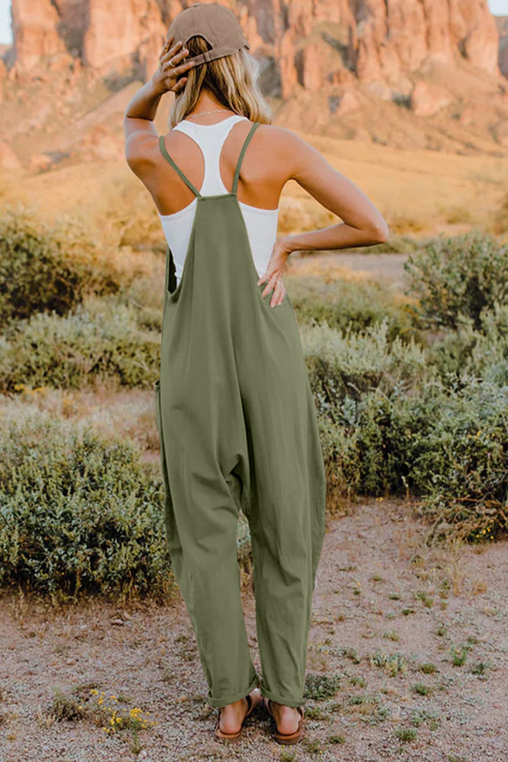 V-Neck Sleeveless Jumpsuit with Pockets - Lightweight Casual Fit