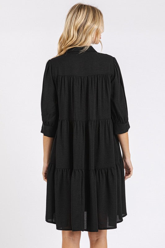 Button Detail Collared Tiered Shirt Dress for Women