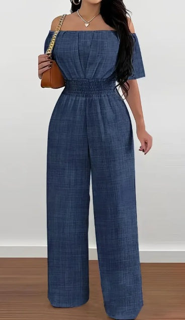 A solid color off-shoulder jumpsuit with a waist-cinching design and short sleeves.