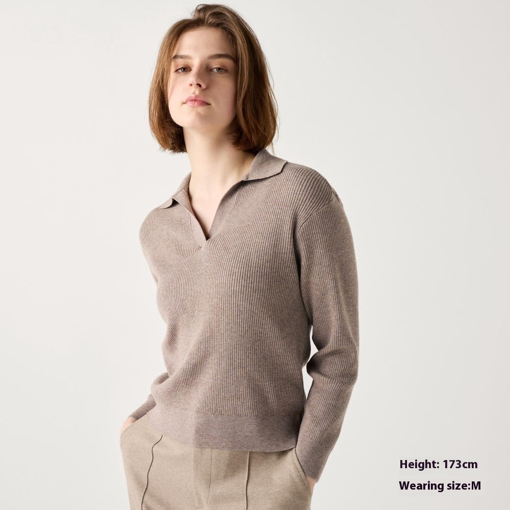 Women’s Ribbed Half-Open Collar Sweater in Taupe - Image 5