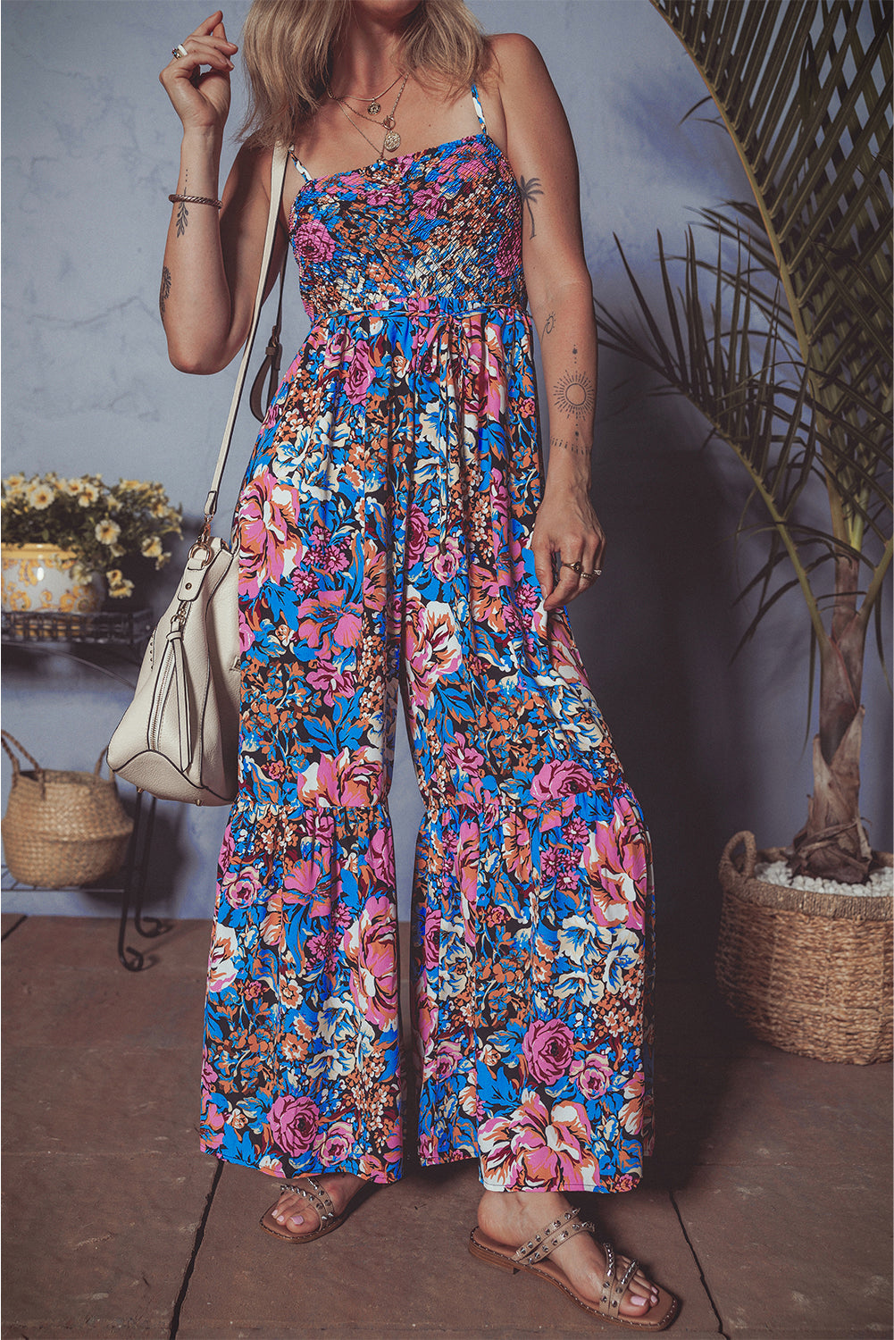 Pink Floral Smocked Bust Spaghetti Strap Wide Leg Jumpsuit