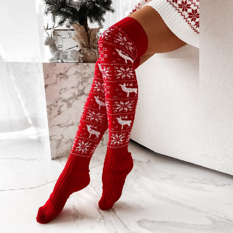 Women Christmas Thigh-High Knitted Stockings Snowflake Elk Print - Image 7