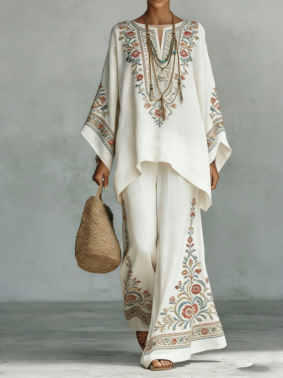 Women's Bohemian Printed Long Sleeve Top and Wide Leg Pant Set