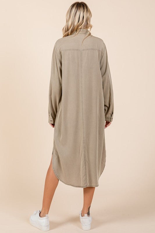 Button Down Long Sleeve Cotton Shirt Dress - Olive-Green & Khaki