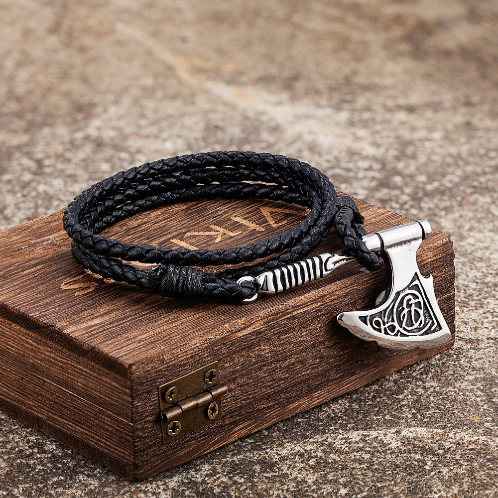 Handmade Leather and Stainless Steel Axe Pendant Rope Bracelet
