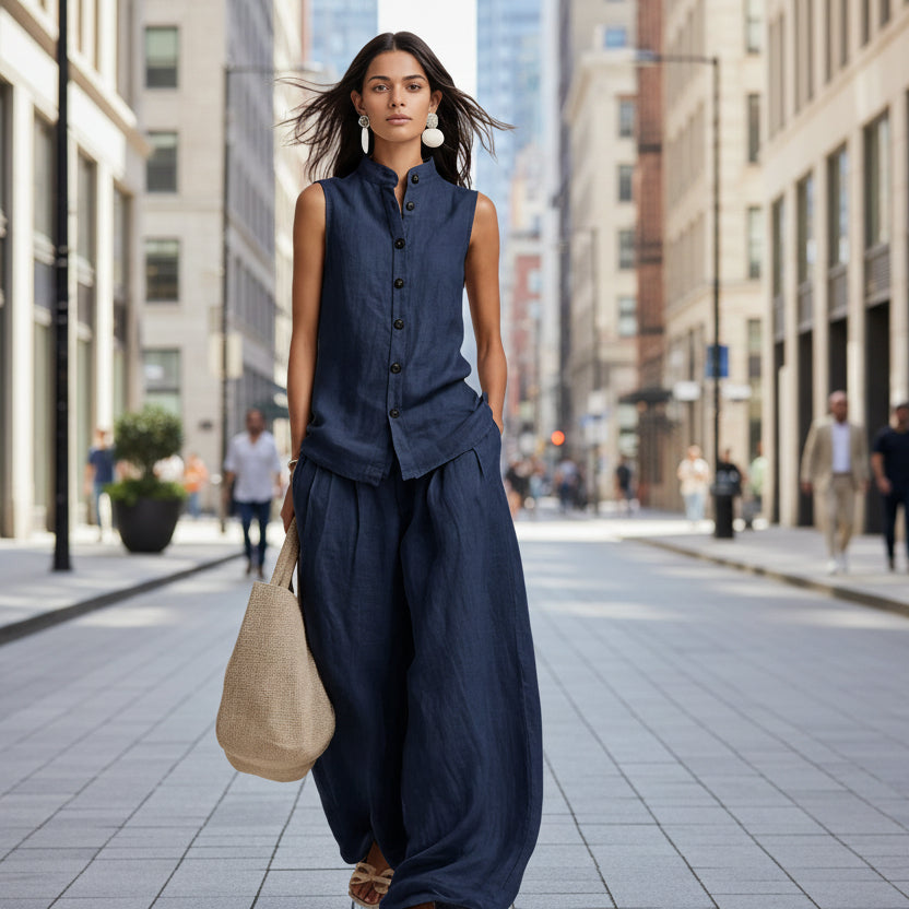 Sleeveless Stand Collar Top and Wide-Leg Pants Set - Image 3