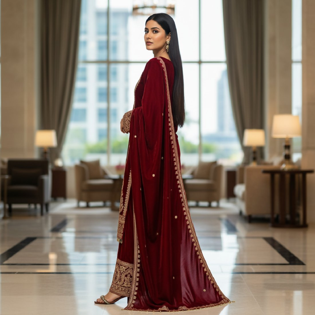 Maroon Velvet Embroidered Kurta Set with Sequence Work