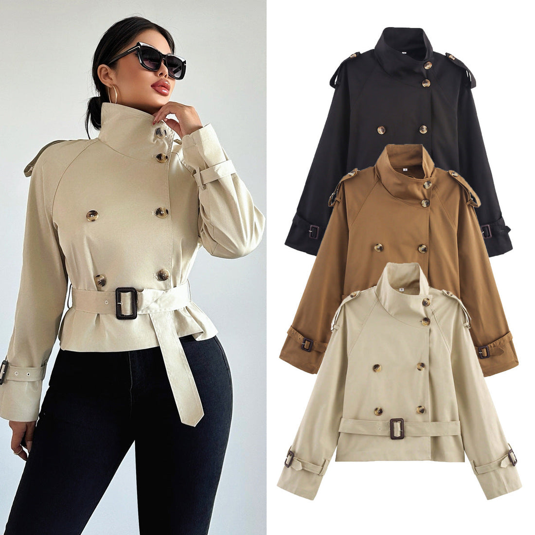 A woman wearing a beige short trench coat with a notch collar and buckled belt, shown alongside three versions in beige, tan, and black.